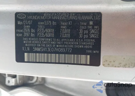 2007 Hyundai Santa Fe Limited/Se z USA, uszkodzony, nr VIN 5NMSH13E07H089772